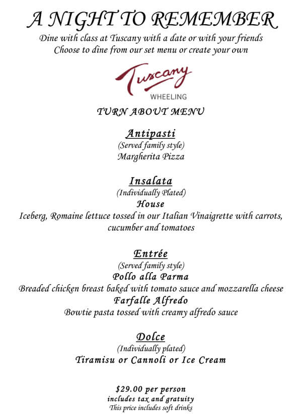 tuscany wheeling homecoming menu 2014
